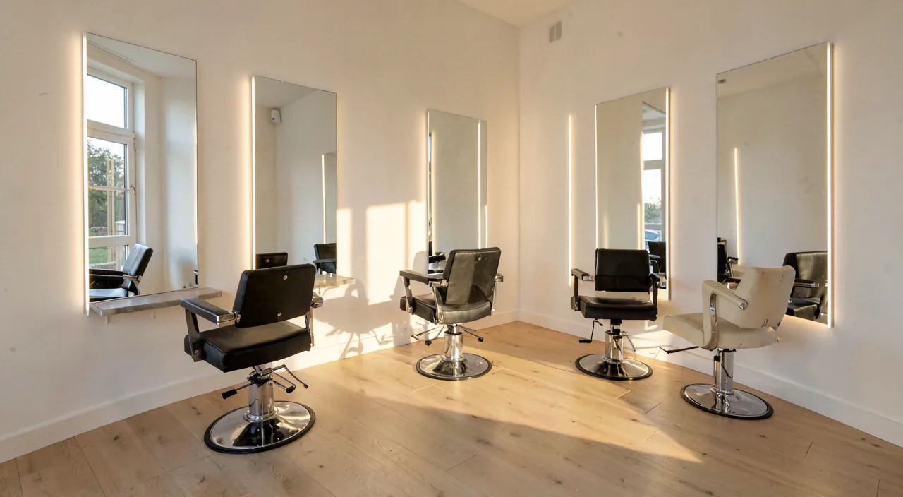 The five chair salon floor at Barometer Hair Co., empty before the day starts